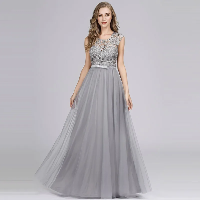 Grey Robe De Soiree Ever Pretty открытые кружевные Длинные вечерние платья EZ07609 Тюль o-образным вырезом платье для банкета, вечеринки Abendkleider - Цвет: Grey