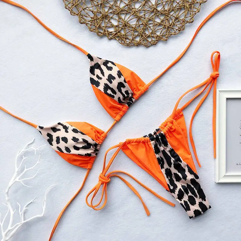 Треугольный леопардовый бикини Mujer бикини неоновый сексуальный купальник с пуш-ап микро купальный костюм для женщин - Цвет: 65273 orange
