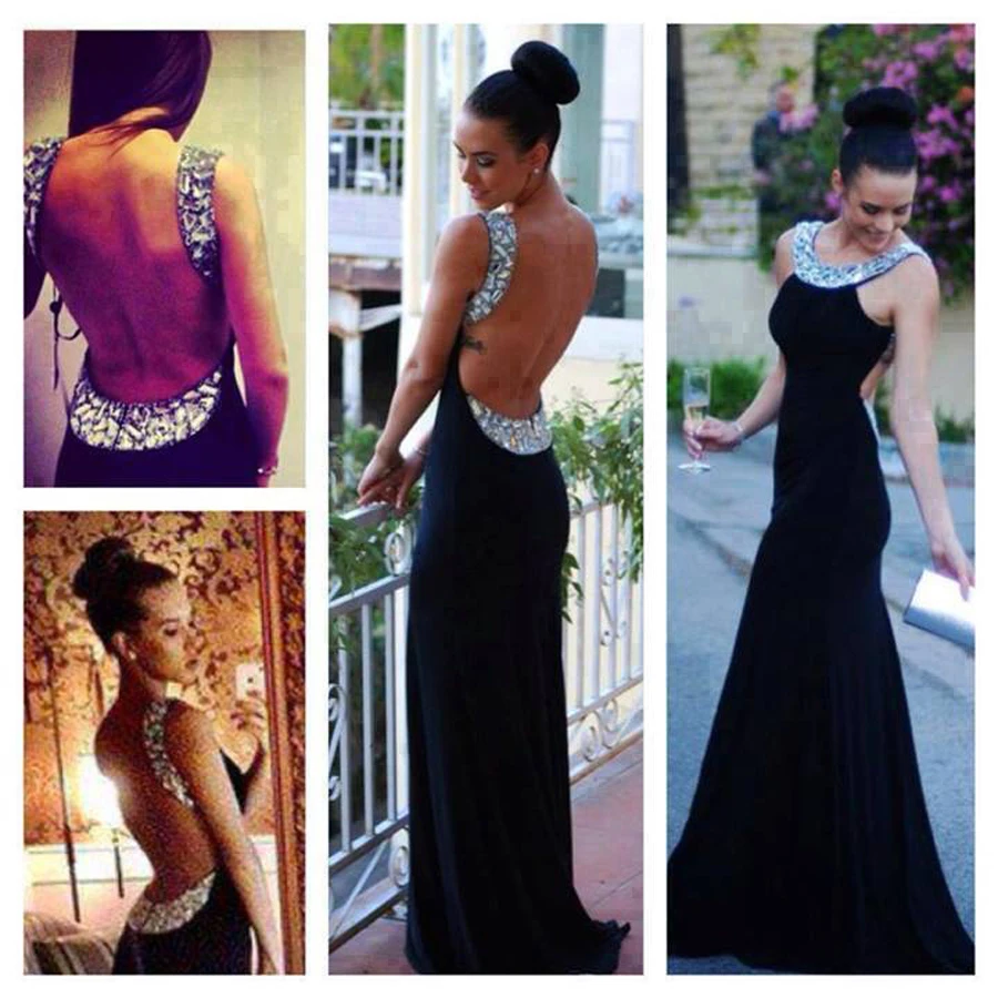 

Spring Scoop Crystal Shinning Black Long Prom Dresses Long Mermaid ChiffonOpen Back Party Gowns