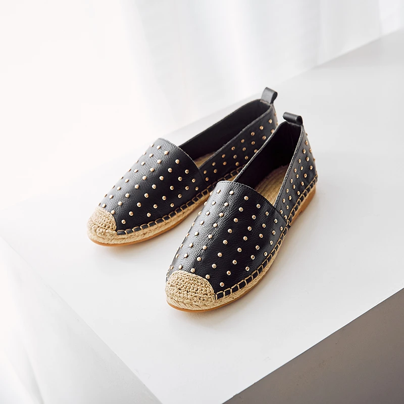 

New Fashion Rivet Espadrilles Shoes Women Fisherman Flat Loafers Weaving 100% Leather Comfortable Casual Round Toe Spring Shoes