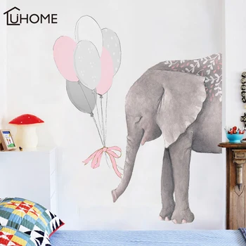 

Large Elephants with 6pcs Pink Gray Balloons Art Wall Decals Baby Nursery Decoration Cartoon Wall Stickers for Kids Room Decor