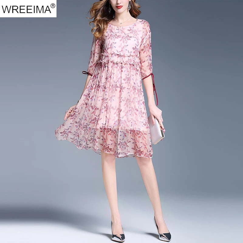 WREEIMA High Quality Silkworm Silk Dress 2018 Women Summer Floral