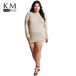 Kissmilk 2018 плюс размеры выдалбливают для женщин платья свитеры большой с длинным рукавом Sqeuin Женский Одежда большого размера леди пуловеры