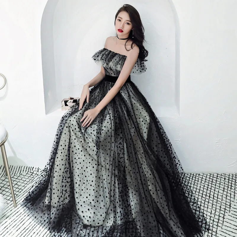 

A-line Evening Dress Full Dot Pattern Black Elegant Formal Prom Dresses Sexy Boat Neck Ruffles Lace Bandage Long Party Gown E078