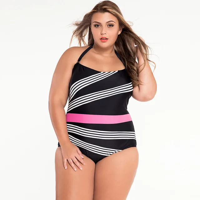 Popularity Explosion Models Women Plus Size One Piece Swimsuit New Style Print Striped String Swimwear Monokini