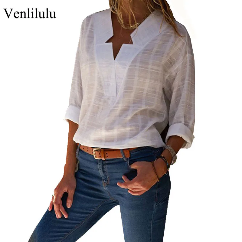 

2019 Spring Summer Blouse Women Plaid V-Neck Blouses Female Loose Shirts Long Sleeve Cotton Blouse Office Ladies Female Tops