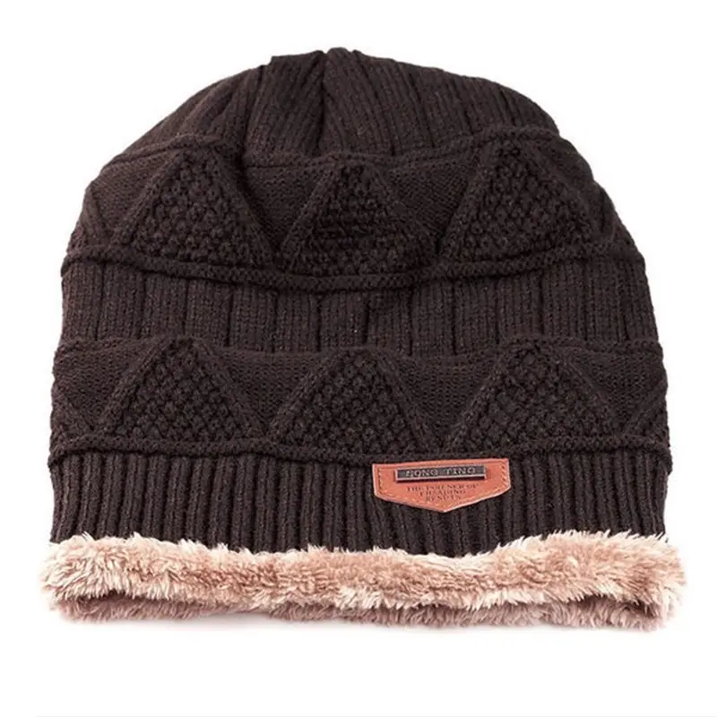 Стиль Модные для мужчин лоскутное зима теплая вязаный крючком вязаная мешковатая шапка-бини шерсть череп шляпа лыжный кепки шарф комплект - Цвет: Coffee