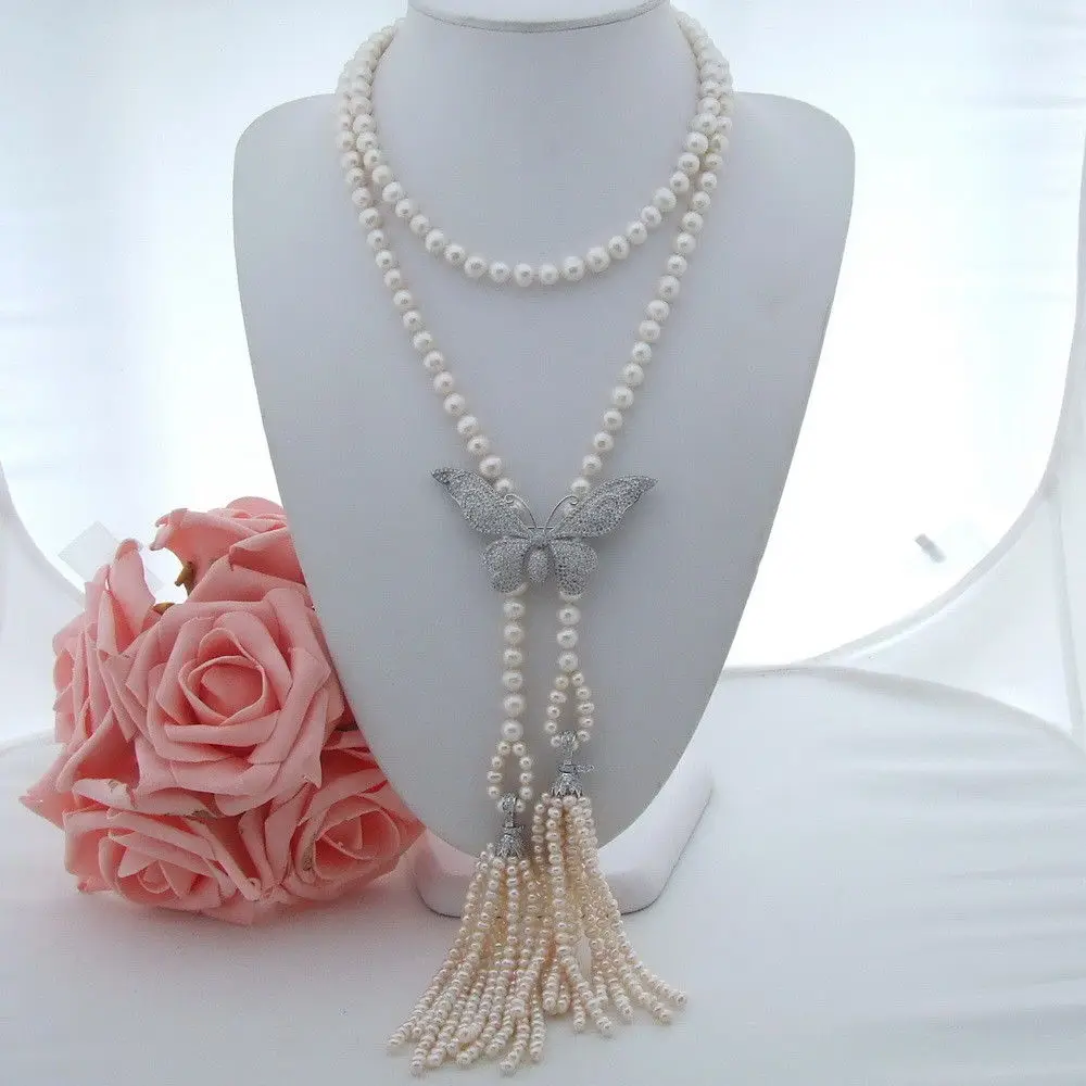 

Women's 46" White Pearl Long Necklace CZ Pendant