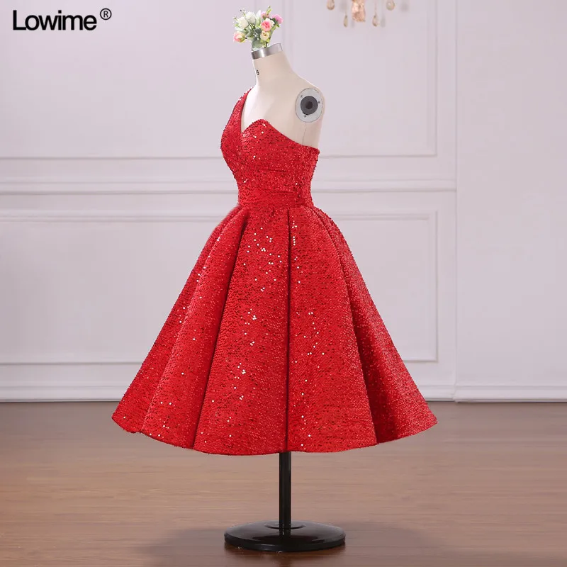 Shiny Red Sequined Arabic Ball Gown Prom Dresses Evening Gown Abendkleider One Shoulder Tea Length Women Party Dress (4)