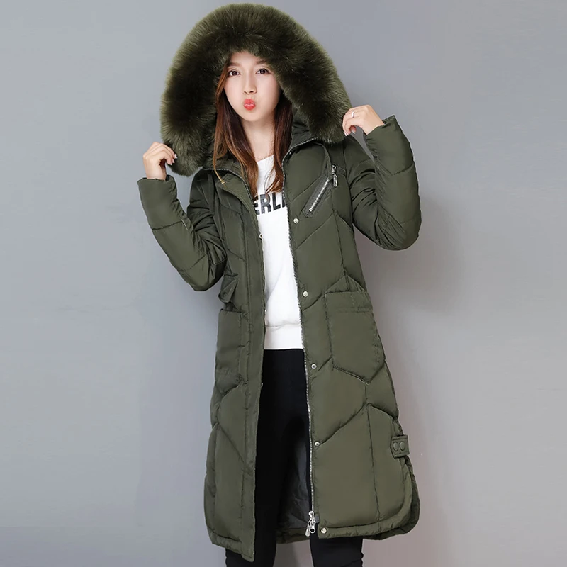 Avec Manteau army Parkas Solide Green gris Femmes 2017 Fermeture Coton Mince Plus lavande Noir Chaud Qh0596 Taille Pour marine Épais Fourrure Veste Couleur rouge À Capuchon Hiver Éclair Matelassée Bleu Longue La Xq55w74F