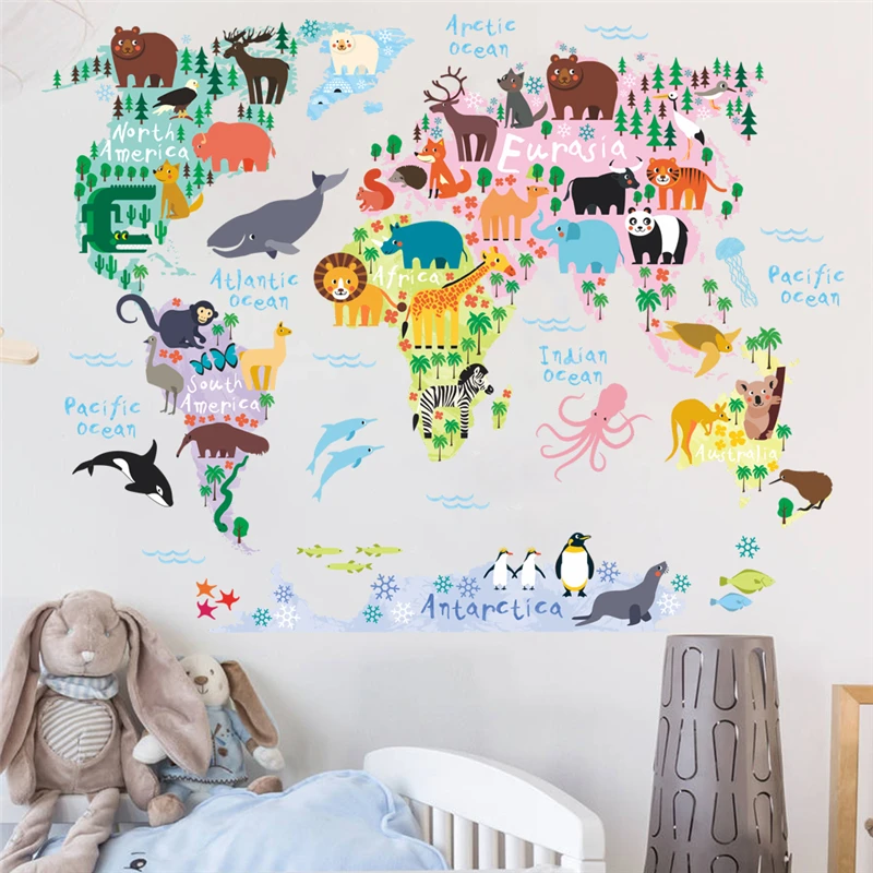 Мультяшные животные, Карта мира, наклейки на стену, для спальни, детской комнаты, декор на стену, ПВХ, Наклейки на стены, сделай сам, Фреска, искусство, декоративные постеры