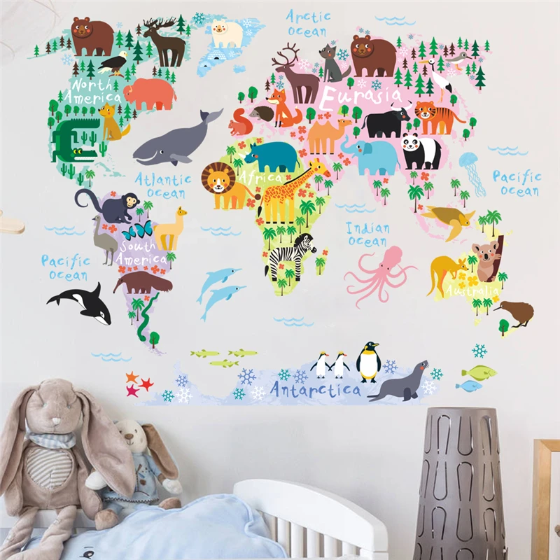 

new cartoon animals world map wall stickers for kids rooms office home decor pvc wall decals diy mural art posters decorations