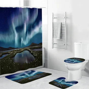 

High Quality 4PCS Bathroom Carpet Set With Shower Curtain Non Slip Toilet Polyester Cover Mat Set Bathroom Shower Curtain