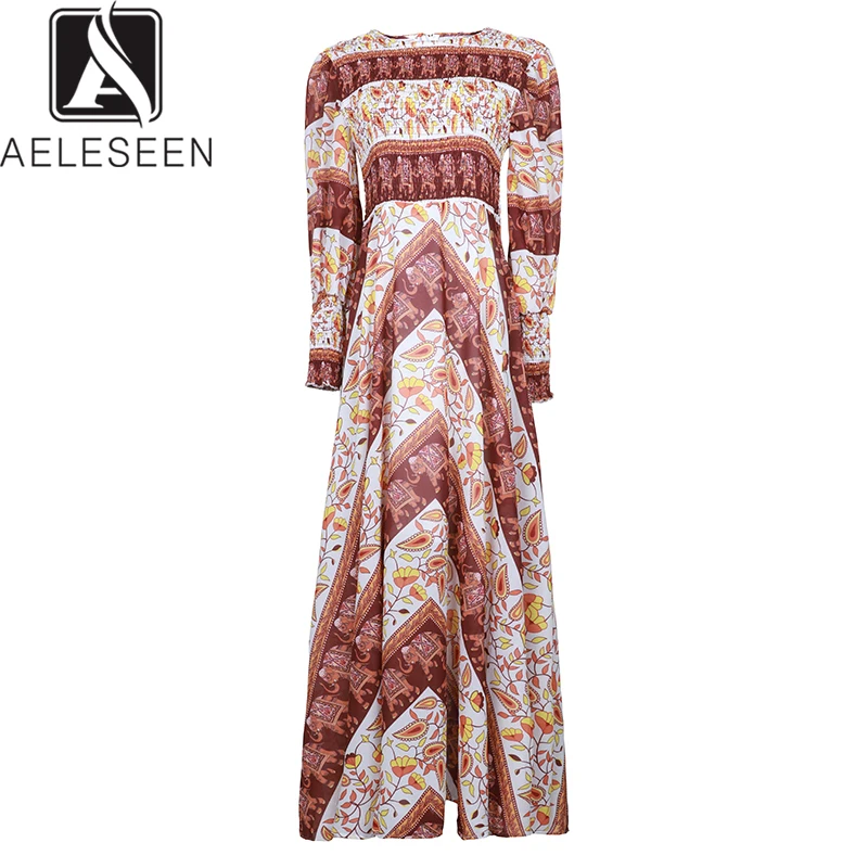 

AELESEEN New Arrival 2019 Autumn Vintage Dresses Women Elephant Floral Print Lanttern Sleeve Draped Waist Elastic Long Dress