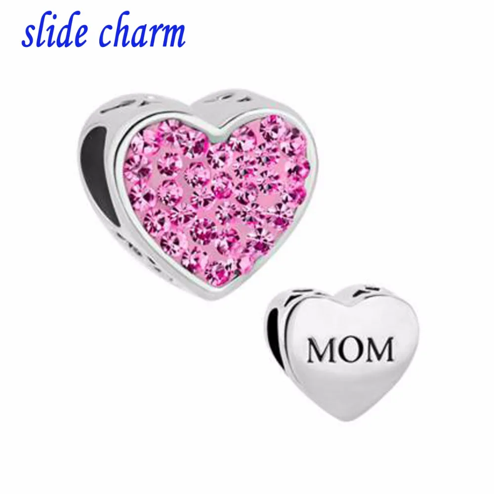 

slide charm Free shipping Mother's Day pink rhinestone hollow loving mom charm beads fit Pandora bracelet