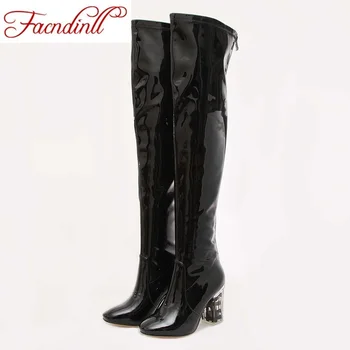 

new crystal heel boots patent leather thigh high boots sexy fashion over the knee boots high heels woman shoes black botas mujer