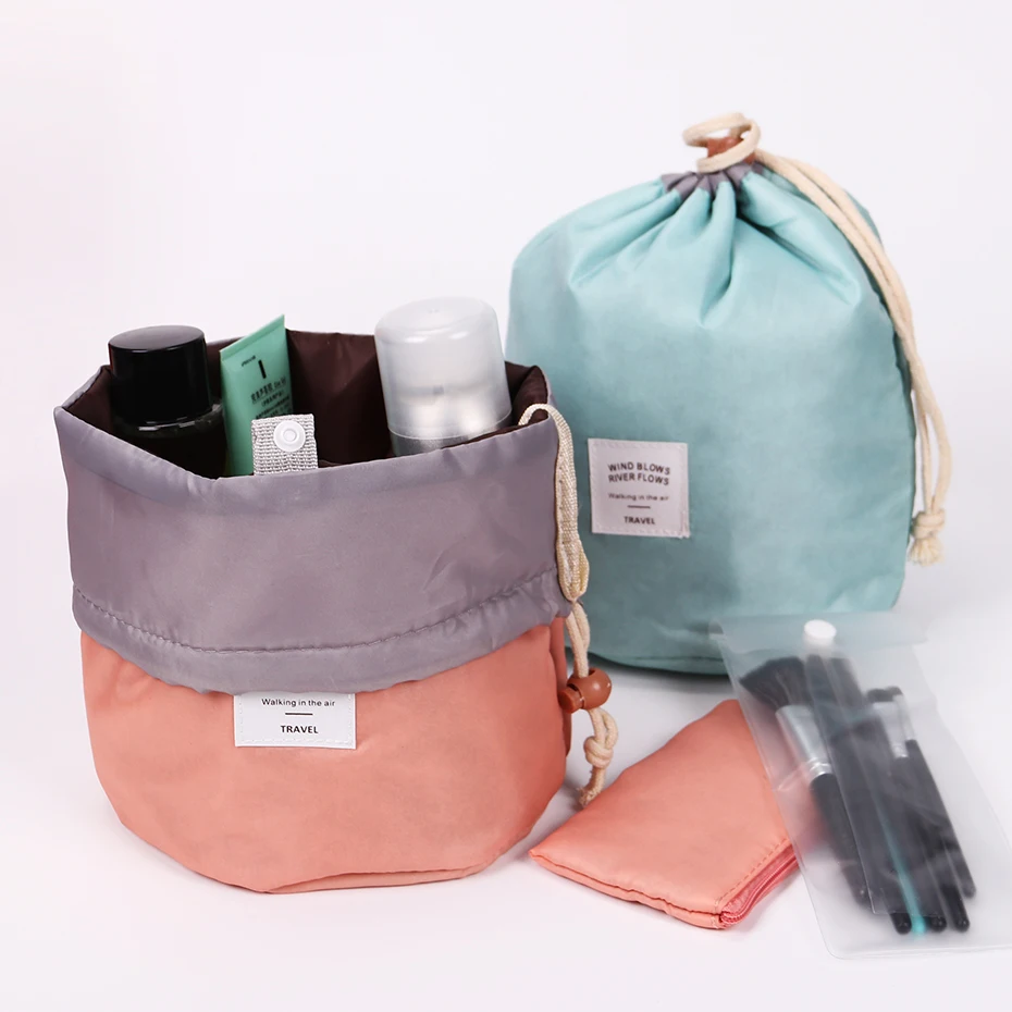 عالية الجودة برميل على شكل السفر التجميل حقيبة النايلون غسل أكياس ماكياج المنظم حقيبة التخزين عالية قدرة