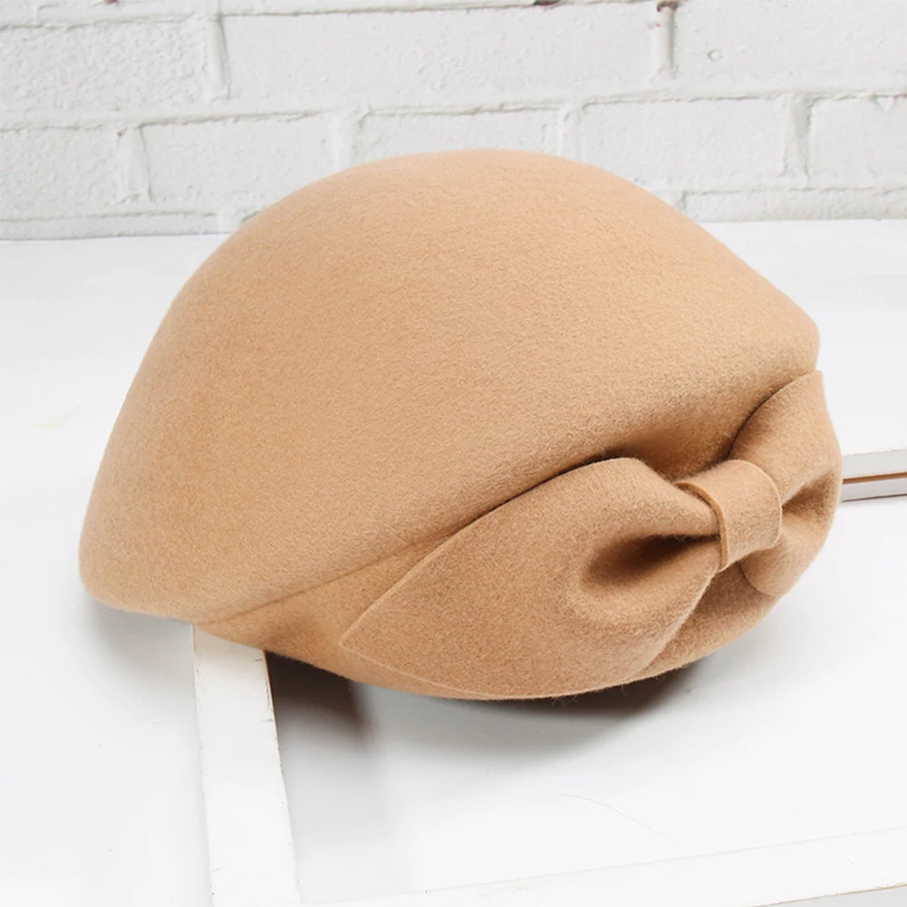 

Lady Elegant Fashion Solid Color Hat Retro Vintage Fashion Elegant Bowknot Beret Woolen Hat Keep Warm In Cold Weather