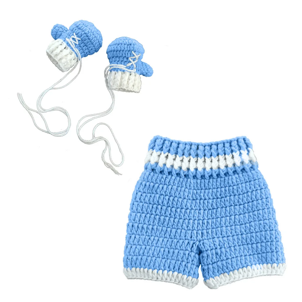 Для новорожденных Фото Опора для фотографии шапка-скафандр обувь мальчиков девочек крючком вязаная одежда Боксер, боксерские прихватки - Цвет: skyblue