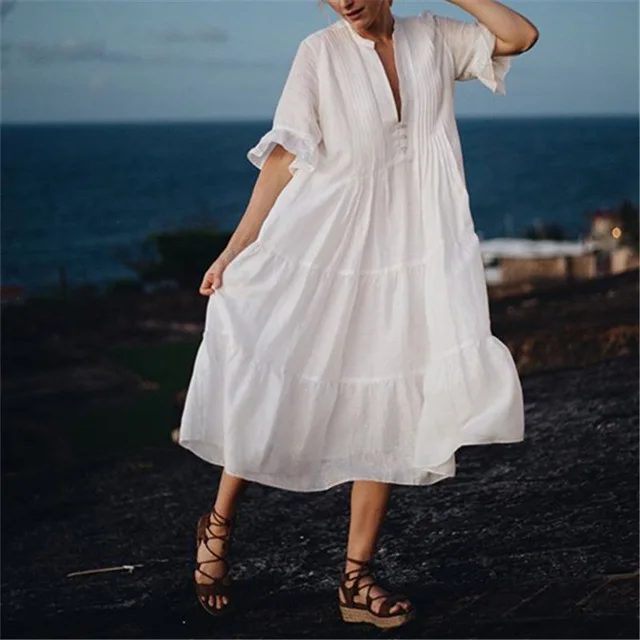 Сексуальное летнее пляжное платье с глубоким вырезом и рукавом средней длины, белая хлопковая Туника размера плюс, женское пляжное платье трапециевидной формы, парео N793 - Цвет: White