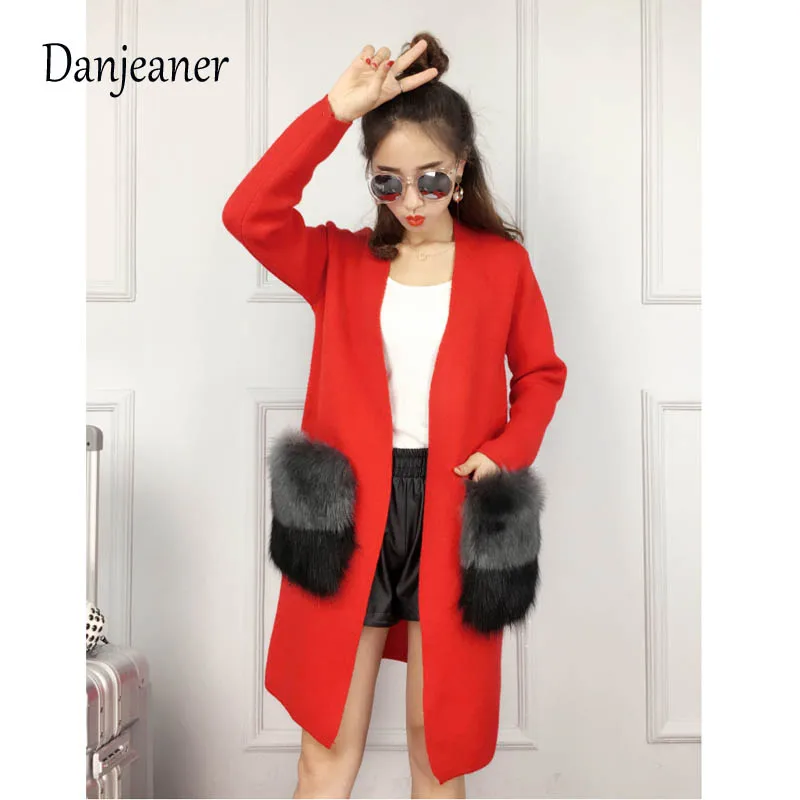 

Danjeaner Women Cashmere Solid Long Cardigans Autumn Winter Elegant Knitting Sweaters with Big Fur Pockets Warm Streetwear Coats