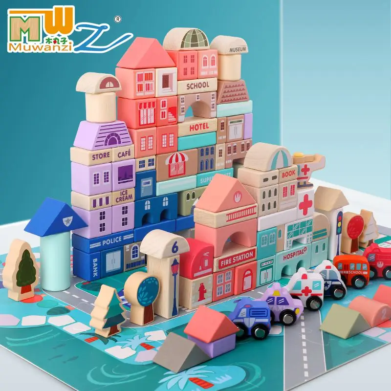 Brinquedos de Madeira Blocos de Construção Educativos para Crianças Pces Crianças Cidade Cenas Tráfego Forma Geométrica Montado Cedo Brinquedos 115