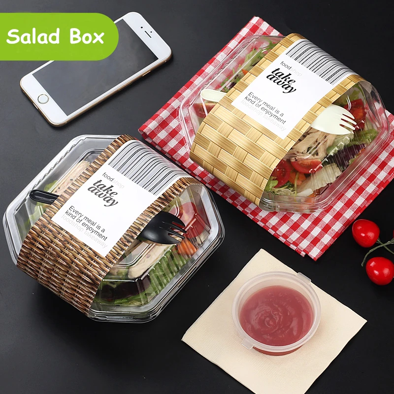 Одноразовая пластиковая коробка для салата, пищевая упаковка для домашних животных, инструмент для вынос фруктов, закуски, лоток с крышкой, контейнер для еды, коробка для выноса, 50 комплектов