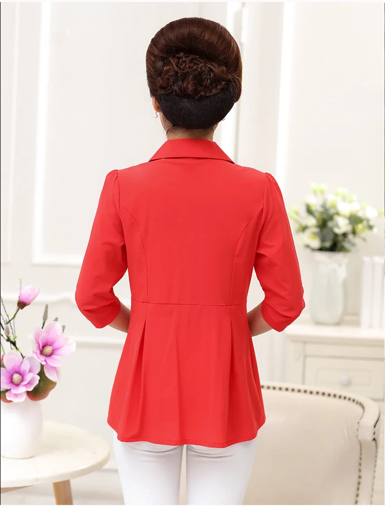 Woman Casual Shirt Half Sleeve Top Red Green Blue Plain Blouses Women Turn Down Collar Tops Peplum Blouses Bottom Front Top Plus Size (2)