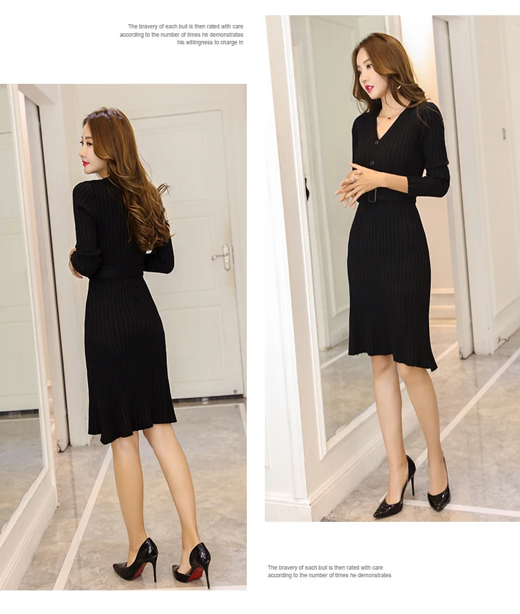 New Autumn Winter Bodycon Knitted Dress Women Long Sleeve Sexy V Neck Belt Knee Length Casual Office Lady Sweater Dresses L2460