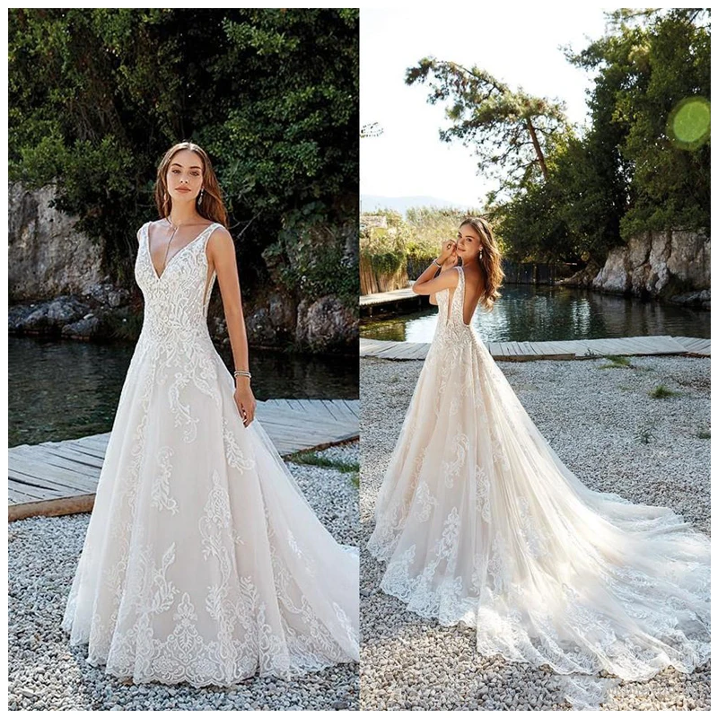

Sleeveless Deep V Neck Appliqued Lace Wedding Dresses 2019 A Line Train Illusion bridal gown dress White