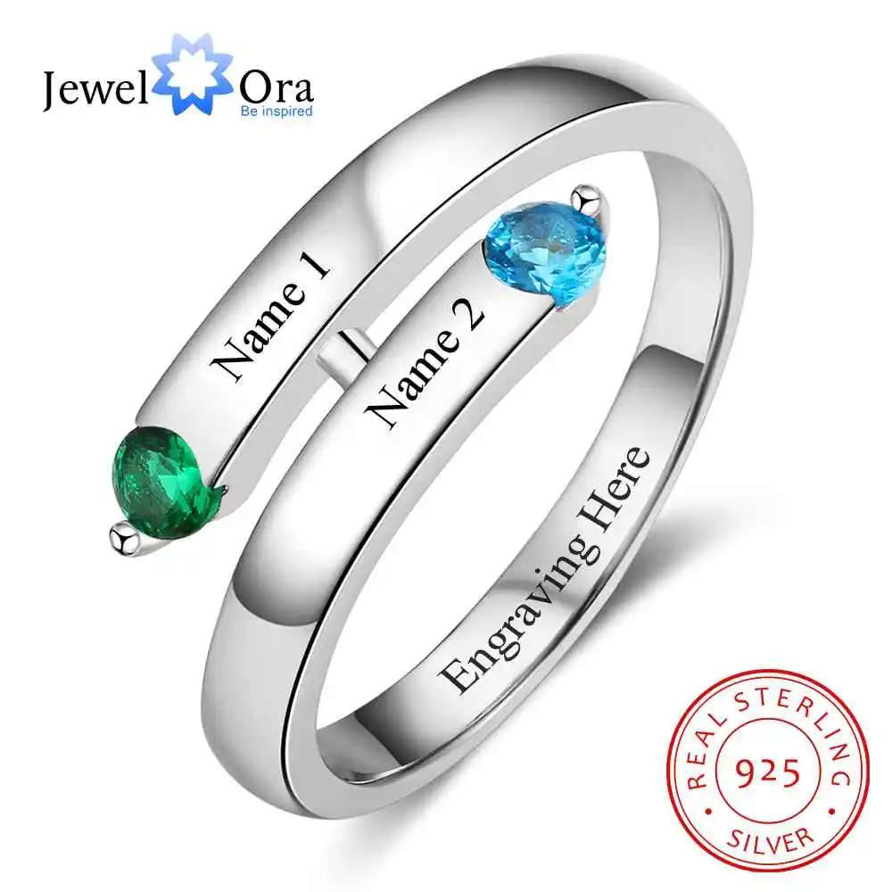 Personalized Gift Custom Engrave 2 Names & Birthstone Promise Ring 925 Sterling Silver Anniversary Jewelry (JewelOra RI103272)