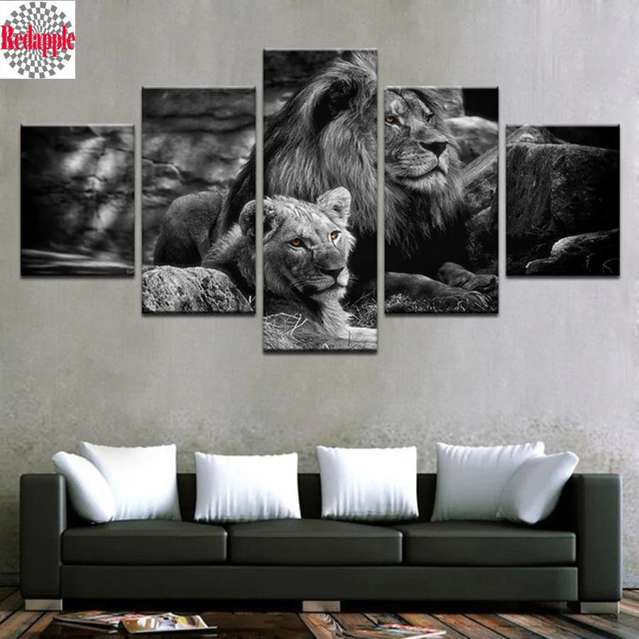 

5pcs set 5D DIY Diamond Painting Black White Animal Pictures King lion tiger Cross Stitch cartoon Mosaic paintings home Decor