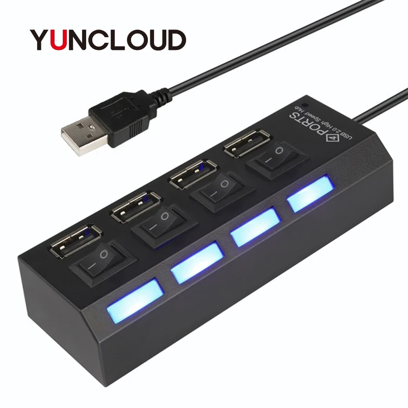 

YUNCLOUD 4 Ports USB 2.0 High Speed 480Mbps Hub USB 2.0 Hub LED With ON/OFF Switch and Power Adapter For Tablet Laptop Computer