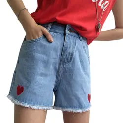 Новинка 2017 года Для женщин летние Шорты для женщин милые сердцу Вышивка джинсовые короткие Высокая талия Harajuku милые Шорты для женщин Для