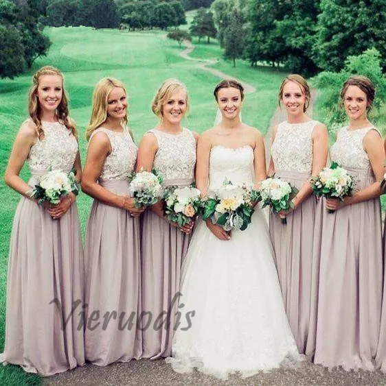 

Arabic 2019 Chiffon Crew White Lace Applique Country Bridesmaid Dresses Backless Pleats Long For Junior Wedding Party Guest Gown