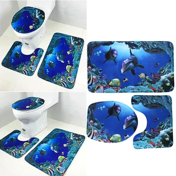 

High Quality 3pcs/set Bathroom Non-Slip 19 Pattern Pedestal Rug + Lid Toilet Cover + Bath Mat Blue Bathroom Decoration 27