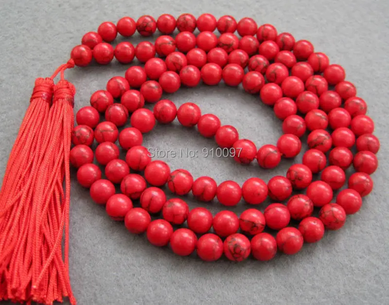 

free shipping >>lAsia tibetan 108 Red Turquoise 10mm Beads Buddhist Prayer Necklace