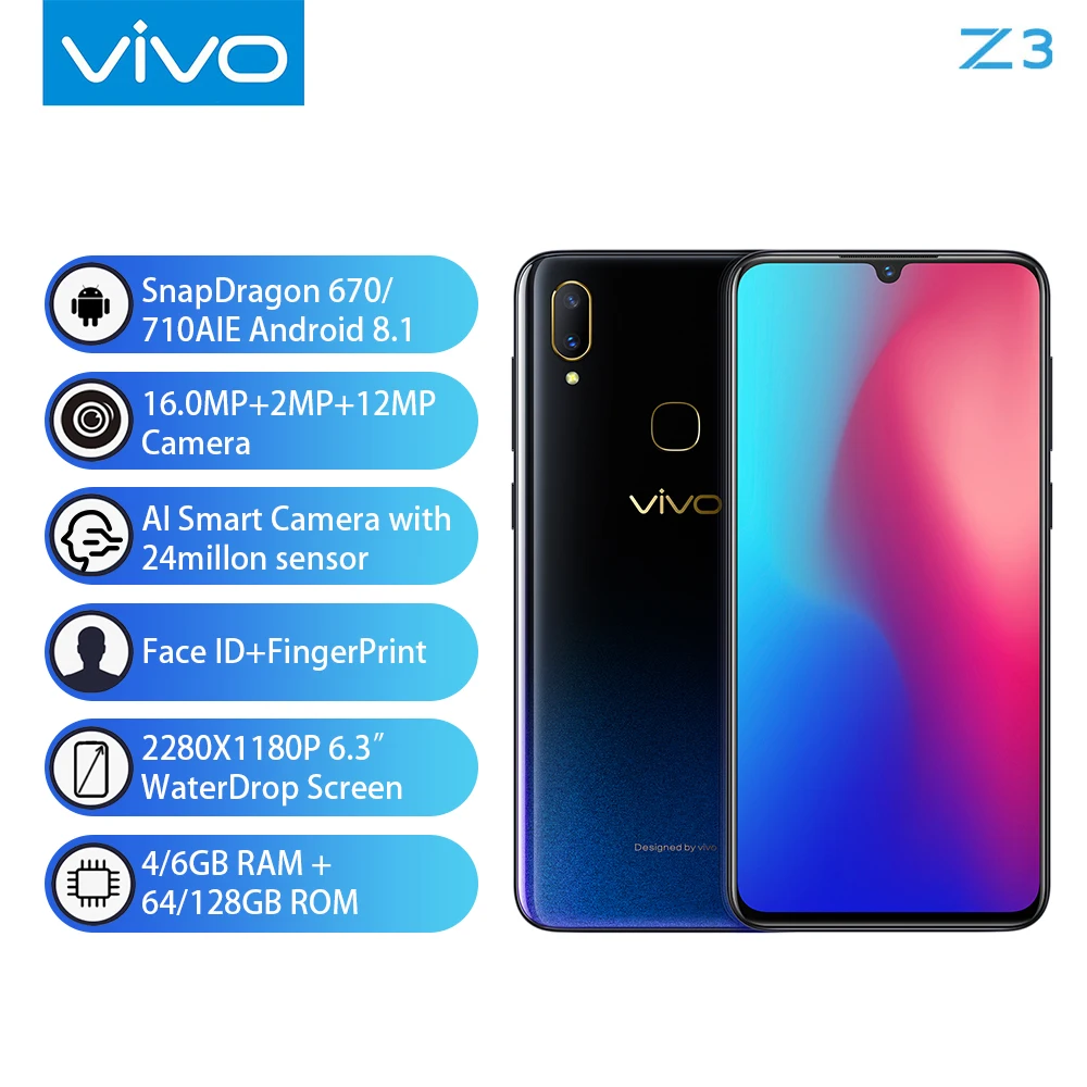 Mobile Phone vivo Z3 Snapdragon 670/710AIE 16MP Front camera LTE Android 8.1 4G/6G+64G/128G 6.3
