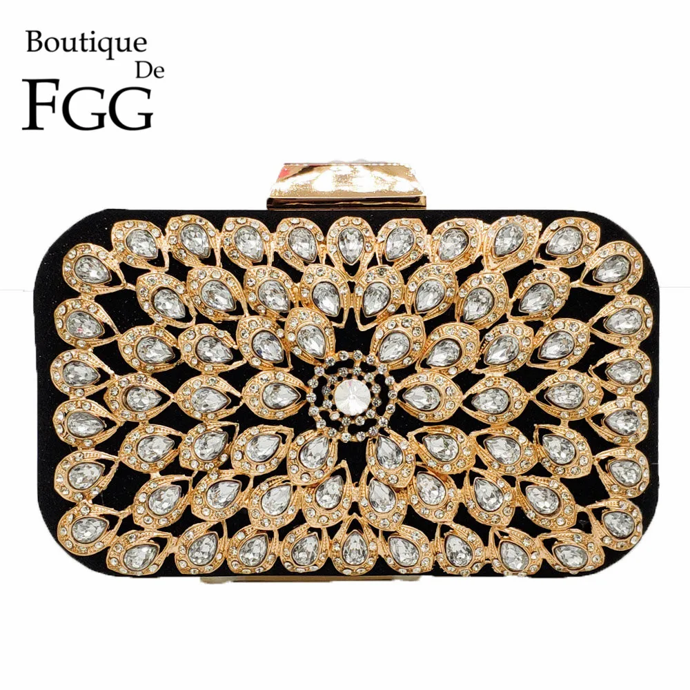 

Boutique De FGG Peacock Fur Metal Appliques Patchwork Women Crystal Evening Clutch Bags Ladies Metal Clutches Wedding Handbag