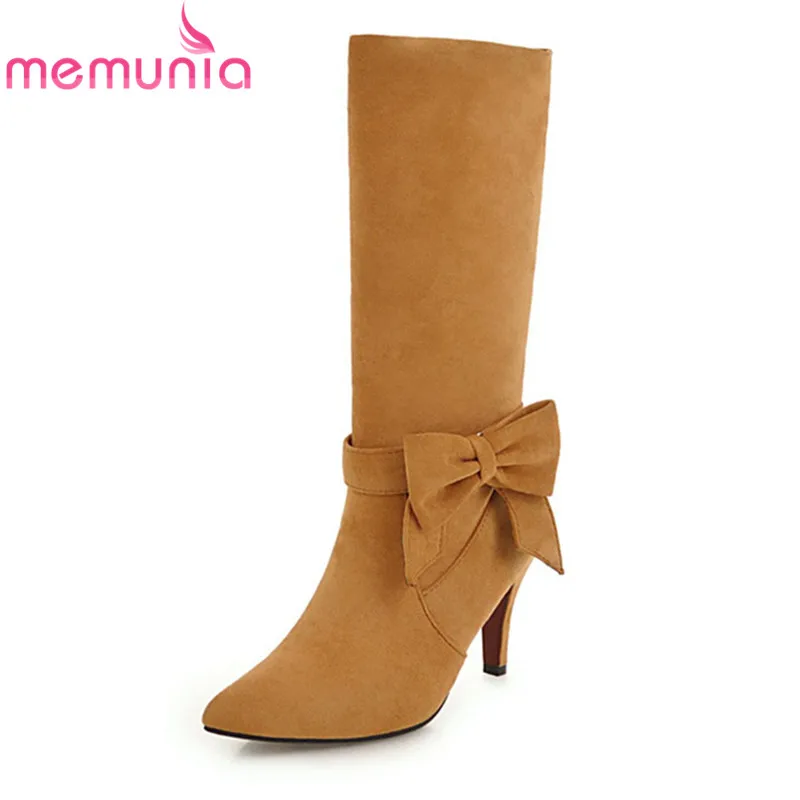 

MEMUNIA big size 34-46 new arrival 2020 mid calf boots pointed toe slip on thin high heels boots with butterfly knot women shoes