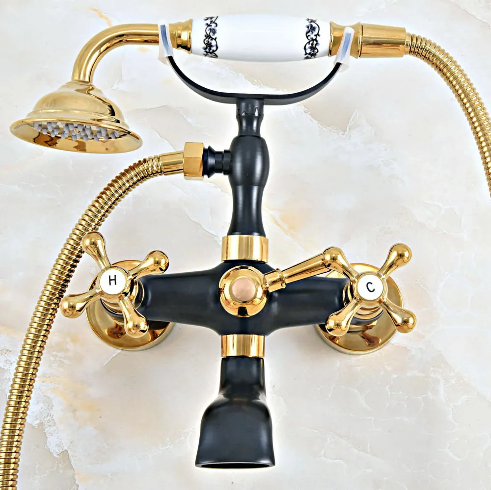  Black Gold Color Brass Wall Mount Bathroom Tub Faucet Dual Cross Handles Telephone Style Hand Showe