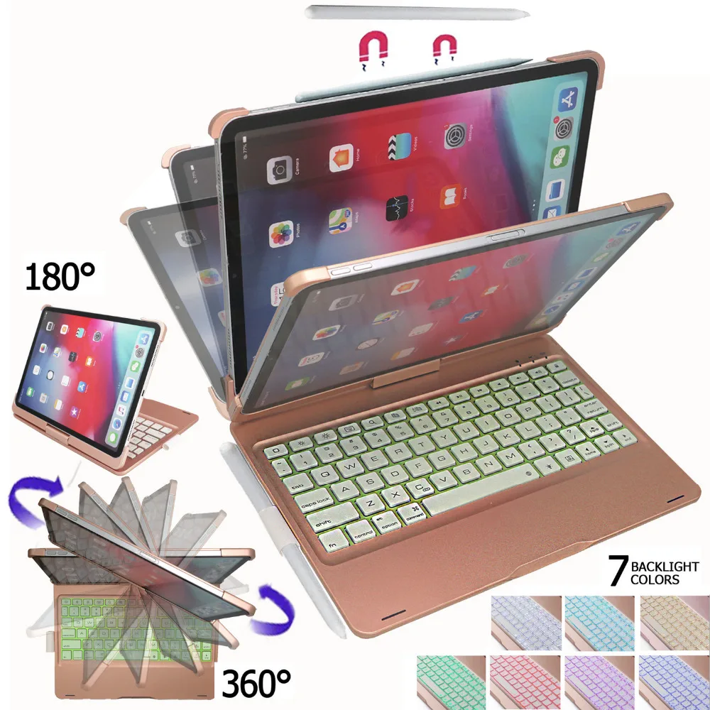 

Keyboard Case for iPad Pro 11 inch, 360 Degree Rotatable Stand with 7 Colors Backlit Keyboard Auto Sleep Wake Hard Shell Case