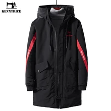KENNTRICE зимние куртки для мужчин воротник-стойка с вышивкой буквы теплое длинное пальто Harajuku с капюшоном мужская ветровка
