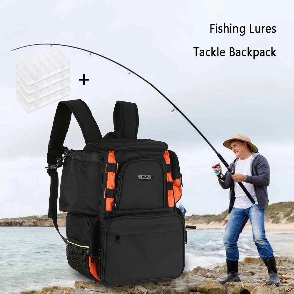 VISMIX Mochila para aparejos de pesca con 4 cajas de aparejos de pesca,  gran bolsa de almacenamiento impermeable, funda protectora impermeable para  la