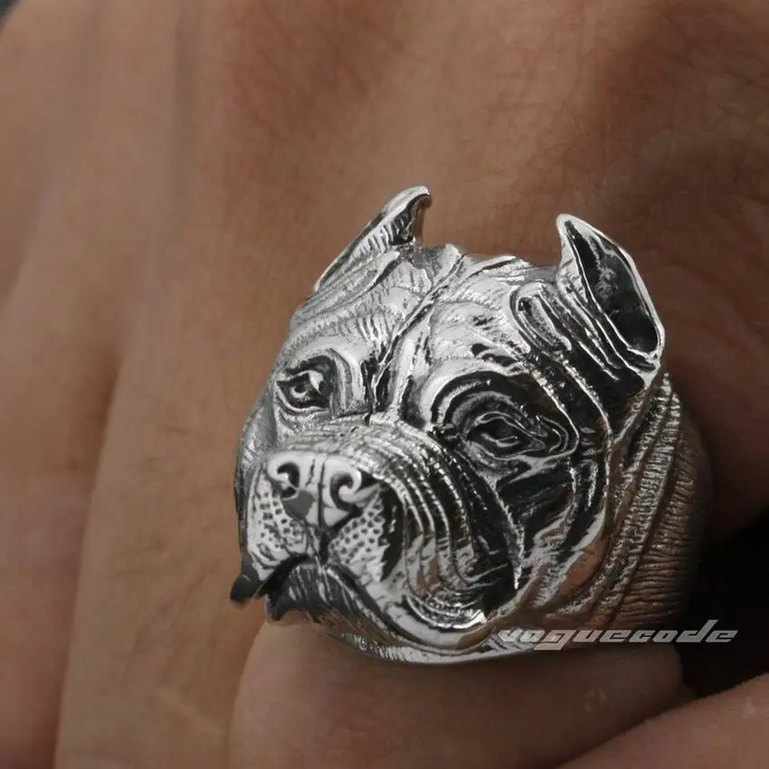 Pitbull Питбуль Собака Твердые стерлингового серебра 925 мужские Байкер кольцо 8e010 нам Размеры 7.5 до 14