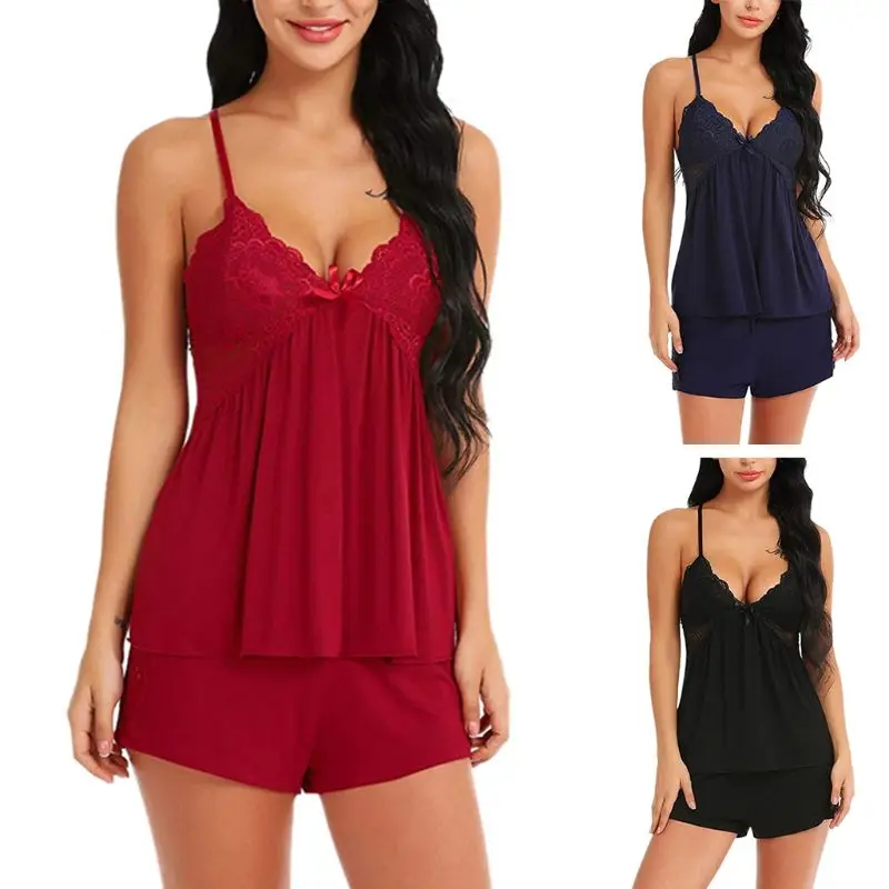 

Womens Sexy Two Piece Pajamas Set Deep V-Neck Backless Cross Bandage Tank Top Sleepwear Wide Leg Floral Lace Patchwork Shorts Ba