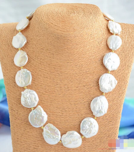

HOT## Wholesale FREE SHIPPING >>> P4837 19" 22mm WHITE BAROQUE COIN KESHI REBORN PEARL BEAD NECKLACE