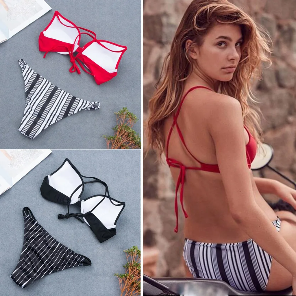 

Women's Swimming Suit Sexy Bikini Swimsuit Women Sexy Striped Push-Up Padded Bra Beach Halter Bikini Set Swimsuit Swimwear