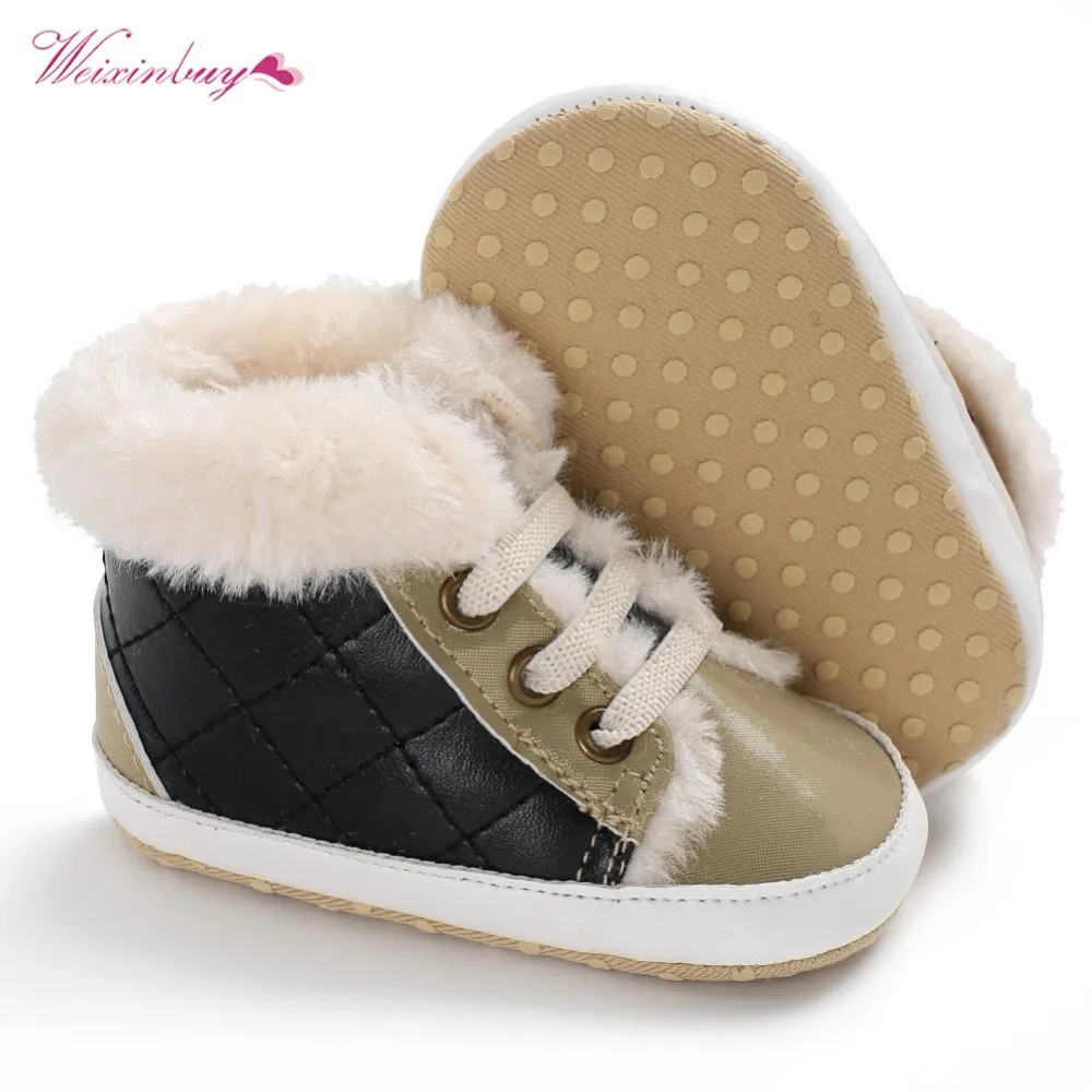 WEIXINBUY Newborn Baby Girls Snow Boots Shoes Warm Plush Soft Bottom Baby Leather Winter Kids For Baby 0-18M