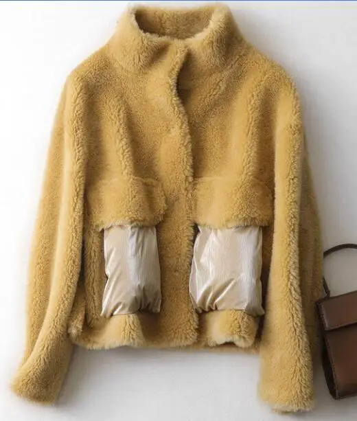 ZiZhen пальто из натурального овечьего меха с карманами куртка шорты воротник Мандарин весна осень Новая женская KQN59304 - Цвет: yellow